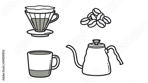 Brewing Coffee Essentials: A minimalist illustration showcases the essential elements for crafting a perfect cup of coffee. The image features a pour-over filter, a pile of coffee beans.