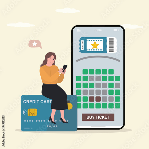 Smartphone app for order tickets online. Smart female character use mobile phone for ticket reservation. Girl sitting on credit card. Cinema movie ticket online order concept.