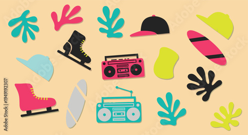 Retro Summer Vibes Collage with Boombox and Skate Elements