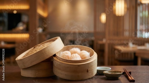 Steaming Bamboo Basket of Dumplings in Modern Asian Restaurant Setting with Soft Lighting and Elegant Decor