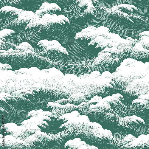 Elegant Japanese-inspired seamless pattern featuring blue hand-drawn waves on a white field. Intricate woodblock-style etching and rhythmic linework create a serene water aesthetic.