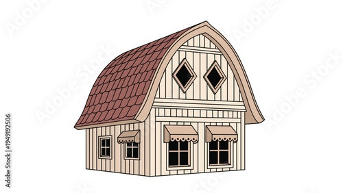 Quaint wooden house illustration with a unique curved red tile roof and small windows with white shutters on a white background.
