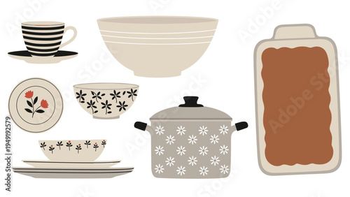Collection of patterned kitchenware including a striped cup, floral bowls, plates, and a matching cooking pot in neutral tones.