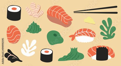 Hand drawn sushi and sashimi set with chopsticks on beige background