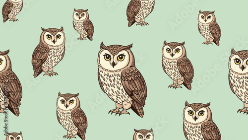 Detailed seamless pattern featuring multiple owls of different sizes in brown and beige tones on a soft green background.