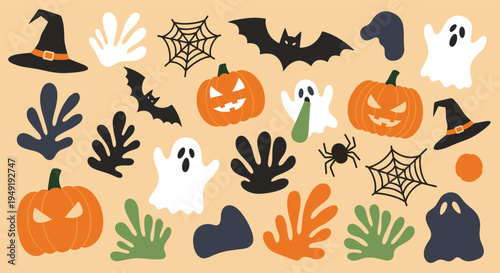 Halloween elements collection with pumpkins ghosts and bats