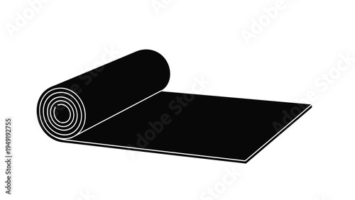 Minimalist black and white illustration of a partially unrolled mat or fabric roll on a white background for exercise or craft.