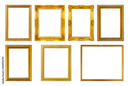 Collection of ornate golden picture frames isolated on transparent background for artwork and photo display.