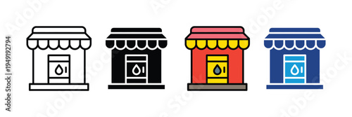 Oil shop or gas station storefront icon set. Petroleum retail, fuel industry, and energy supply symbols. Vector Illustration.