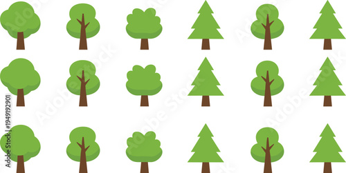 Flat style tree icon collection with deciduous and pine trees isolated on background, nature forest plant set for landscape design and ecology illustration