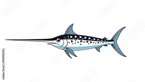 Detailed illustration of a blue marlin or swordfish leaping forward with its long pointed bill and distinctive patterns on its side.