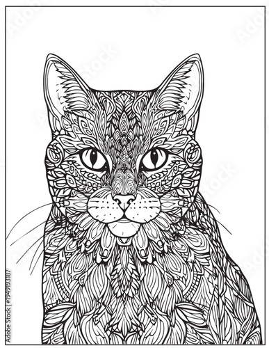 Cat. Hand-Drawn Animal Coloring Book Page For Adults. Design For Spiritual Relaxation. Vector Illustration 
