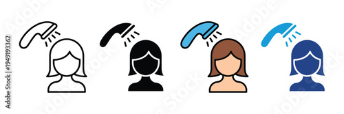 Woman washing hair under shower icon set. Personal hygiene and hair care symbols. Vector Illustration.