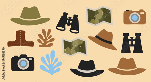 Safari and adventure travel icons set with hats binoculars cameras and maps