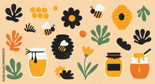 Honey bee and beehive elements set with floral botanical shapes