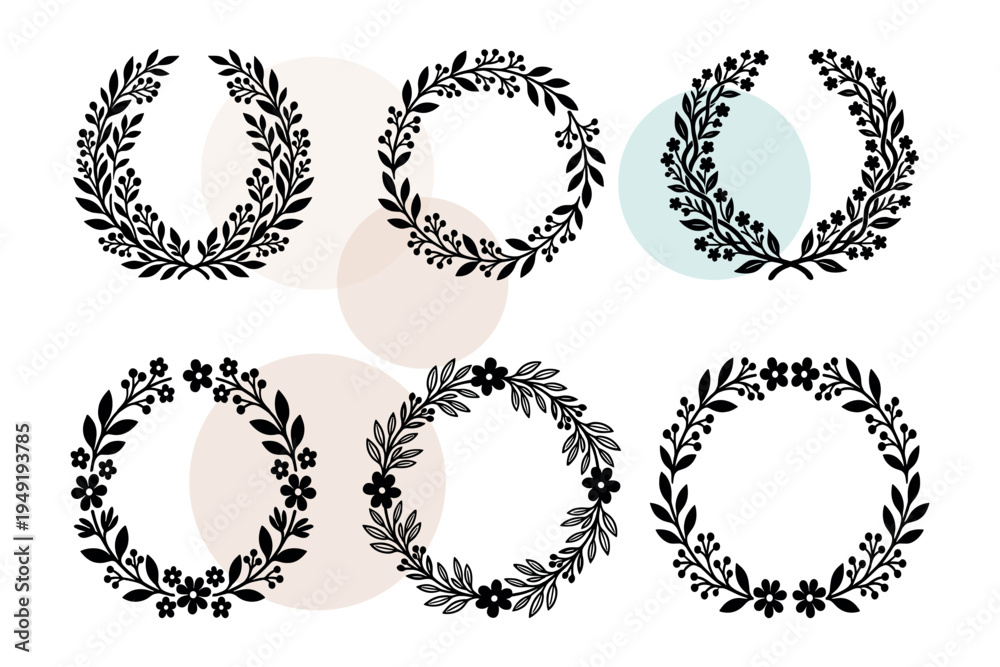 Fototapeta premium Vector set of intricate blossom borders and leafy crown symbols. Sophisticated garden wreaths for luxury stationery and feminine logo design. Ornate floral circles vector illustration