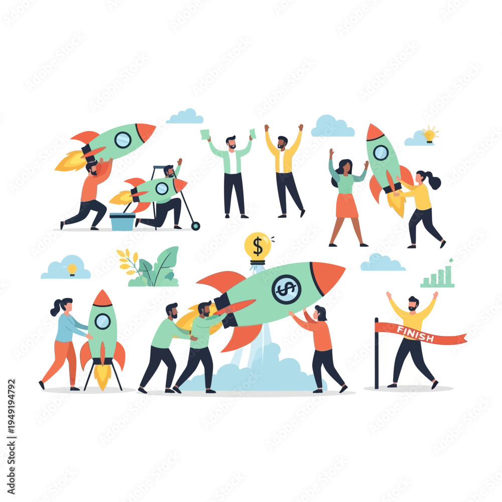 Fototapeta premium Teamwork and innovation concept illustration: people launching rockets, startup idea, business growth