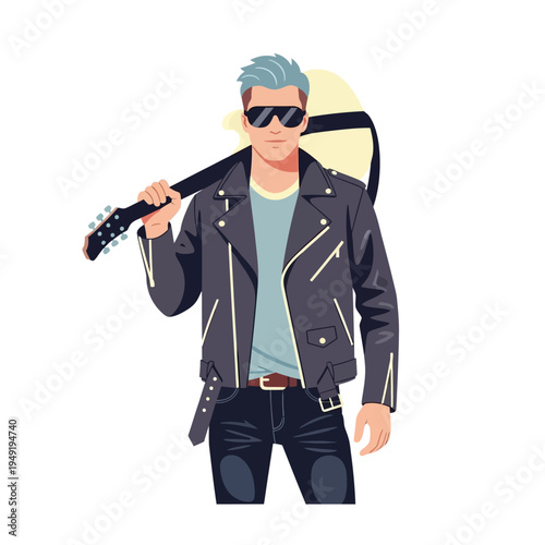 Cool Rocker Man with Guitar and Leather Jacket, Stylish Musician Portrait