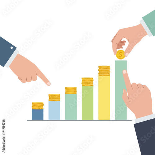 Business growth concept: hands stacking coins on rising bar chart, financial success