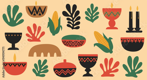 Kwanzaa celebration elements with candles corn and traditional bowls