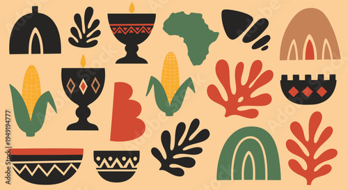 Kwanzaa celebration elements set with traditional symbols and organic shapes