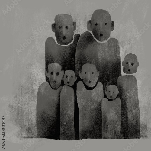 Abstract monochrome illustration of stylized human figures standing closely together, expressing collective emotion, anonymity, and community in a textured minimalist composition