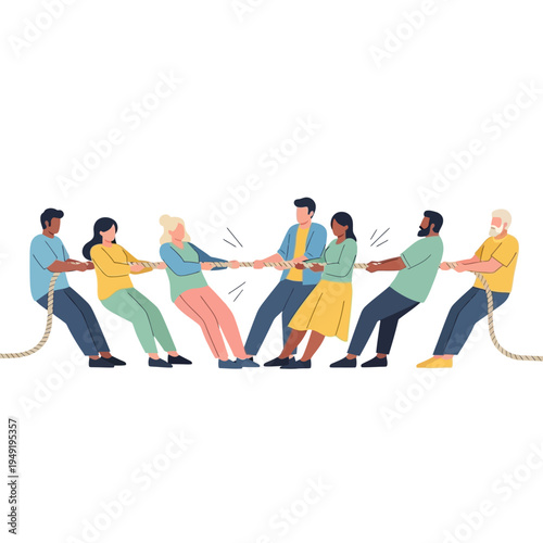 Diverse team in tug of war, strength and unity on white background