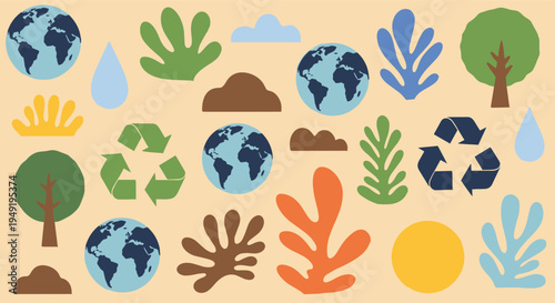 Eco friendly nature icons set with earth and plants