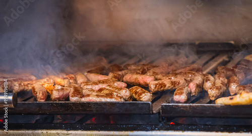 Cevapi grilling on charcoal barbecue with smoke rising from hot grill, traditional Balkan street food preparation with minced meat sausages cooking over open fire.