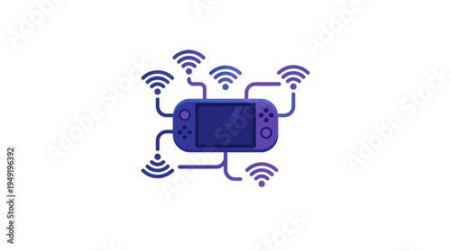 purple game console with Wi-Fi signals emanating from it in minimalist vector graphic design