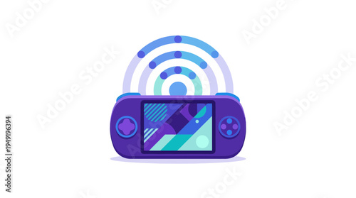 purple handheld game console with Wi-Fi signal icon above it