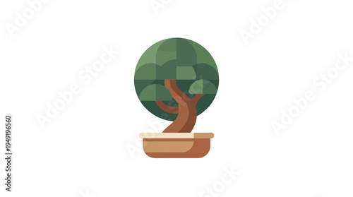 minimalist vector illustration of bonsai tree in brown pot with geometric green canopy
