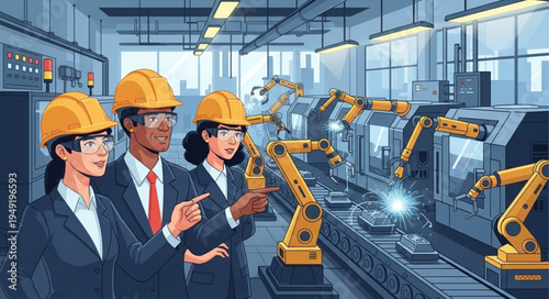 Engineers observing automated robotic assembly line in a modern factory setting.