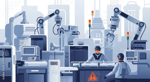 Robotic arms and automated machinery in a modern factory setting.