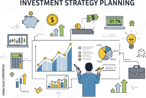 Business professional develops a comprehensive investment strategy, analyzing financial growth charts and market data for successful planning and future prosperity