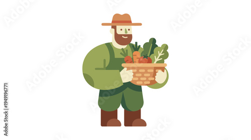 cartoon farmer holding basket of fresh vegetables and fruits in minimalist illustration style.