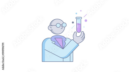 cartoon scientist in lab coat holding test tube with purple liquid and bubbles rising from it