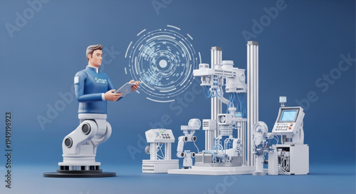 Man Interacting with Robotic Arm and Futuristic Technology.