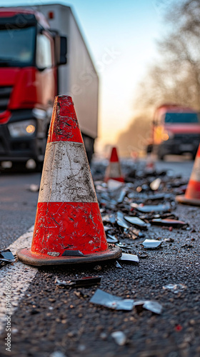 Traffic cone standing beside debris on a damaged roadway after a crash. Road accident and transport safety concept.