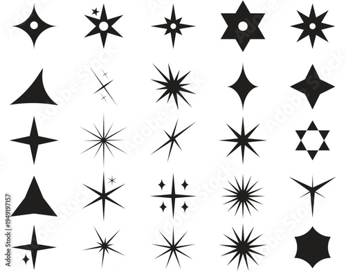 Collation of twinkling starburst and sparkle icons in minimalist set. christmas vector symbols isolated.  black sparkle and starburst icons set for magic effects. vector illustration