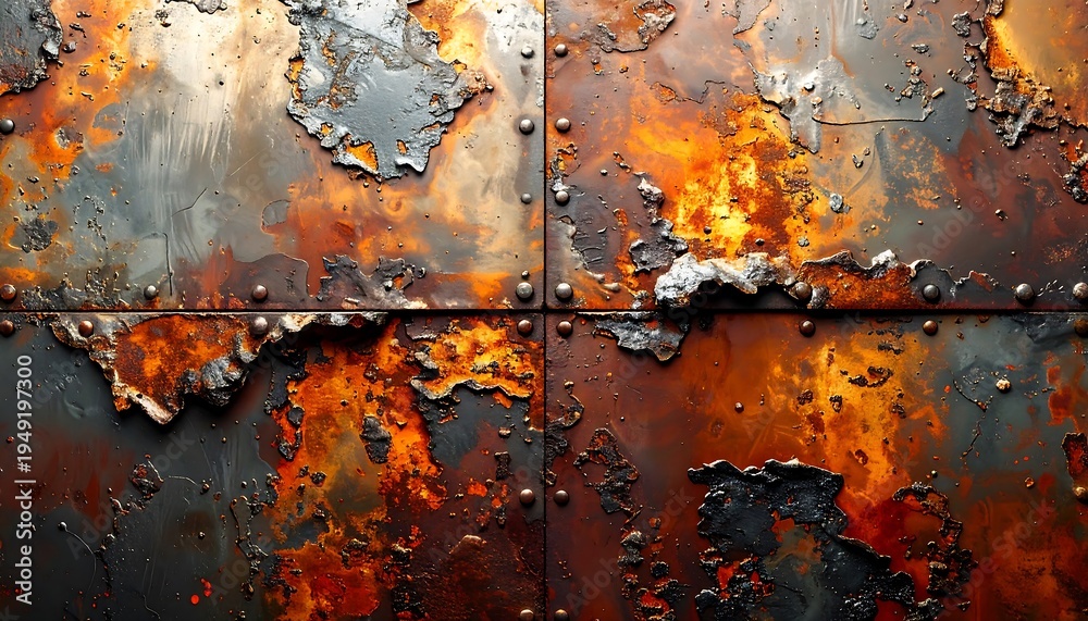 Fototapeta premium Close-up of four metal panels, heavily rusted with orange and brown discoloration, riveted together. Rough textures
