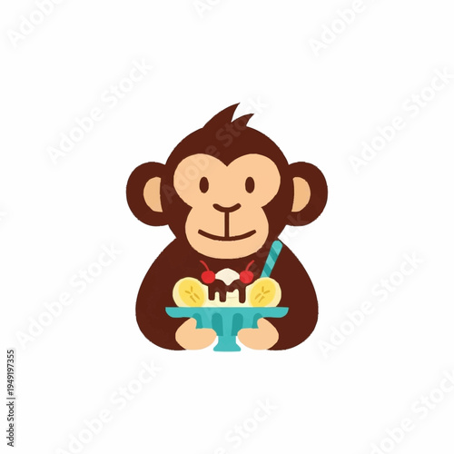 Cute cartoon monkey holding a delicious ice cream sundae.