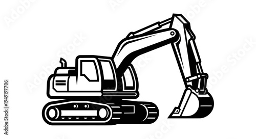 Black and white vector illustration of a construction excavator on a white background