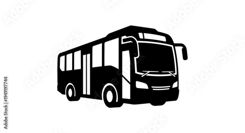 Black and white vector icon of a public city bus on white background