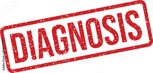 A textured red rectangular rubber stamp displays the word DIAGNOSIS clearly on a bright white background