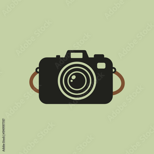 Minimalist flat icon of a vintage camera with a neck strap, professional photography equipment illustration for travel and creative hobby concepts