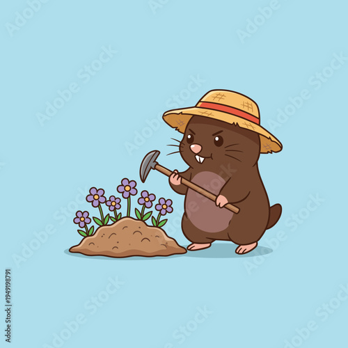 Cute mole gardener character wearing a straw hat holding a small garden hoe working with a patch of purple flowers in the soil design