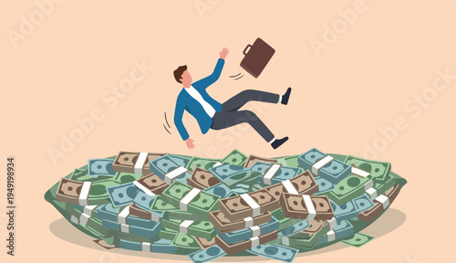 Insurance, reserve money or emergency fund on business failure, mistake accident, compensation to money support cushion concept, fail businessman falling huge big desk money banknotes safety cushion