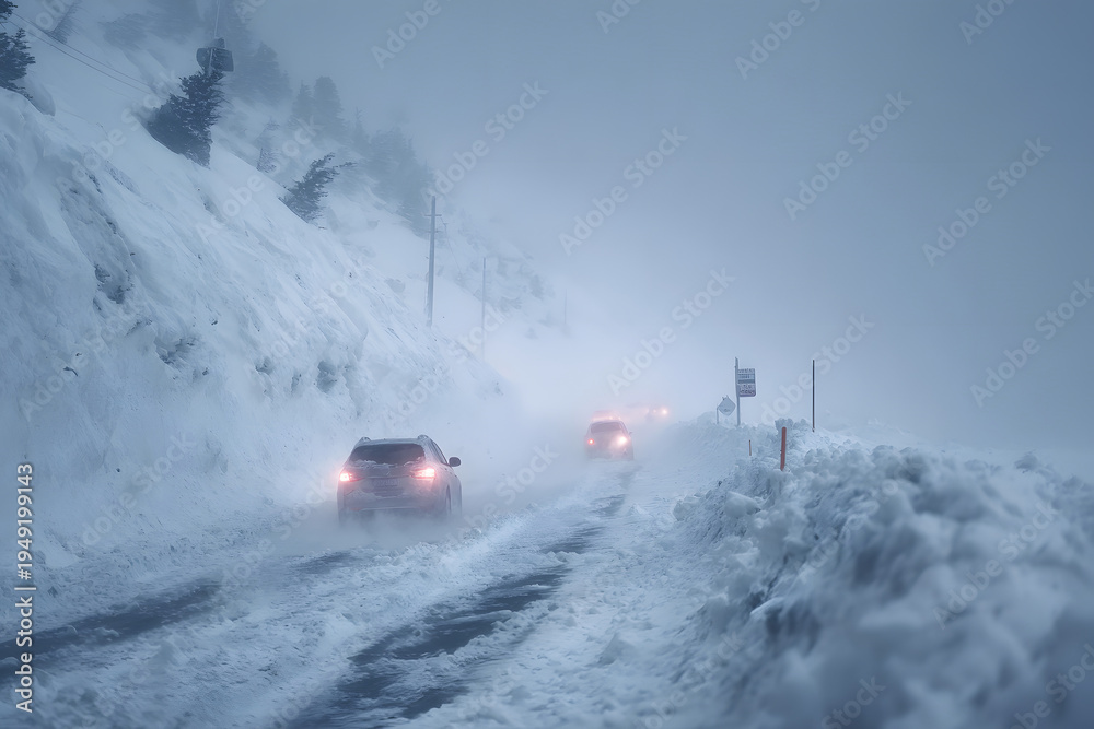 Fototapeta premium Cars driving through heavy snowstorm on a road near a mountain area in winter weather conditions