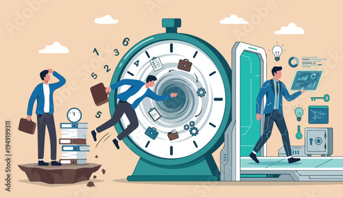 Time management or time travel to the future, time fast to work deadline, productivity efficiency, effort work schedule, evolution concept, businessman jump into clock to the future